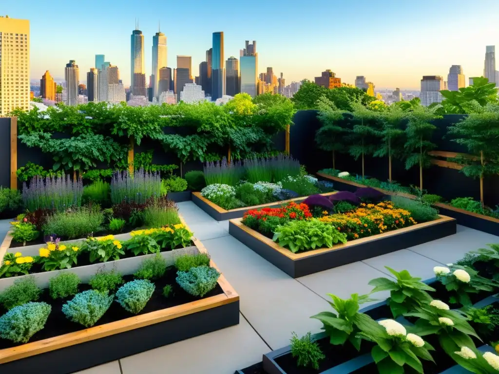 Un jardín urbano moderno y vibrante, integrando la naturaleza en la ciudad