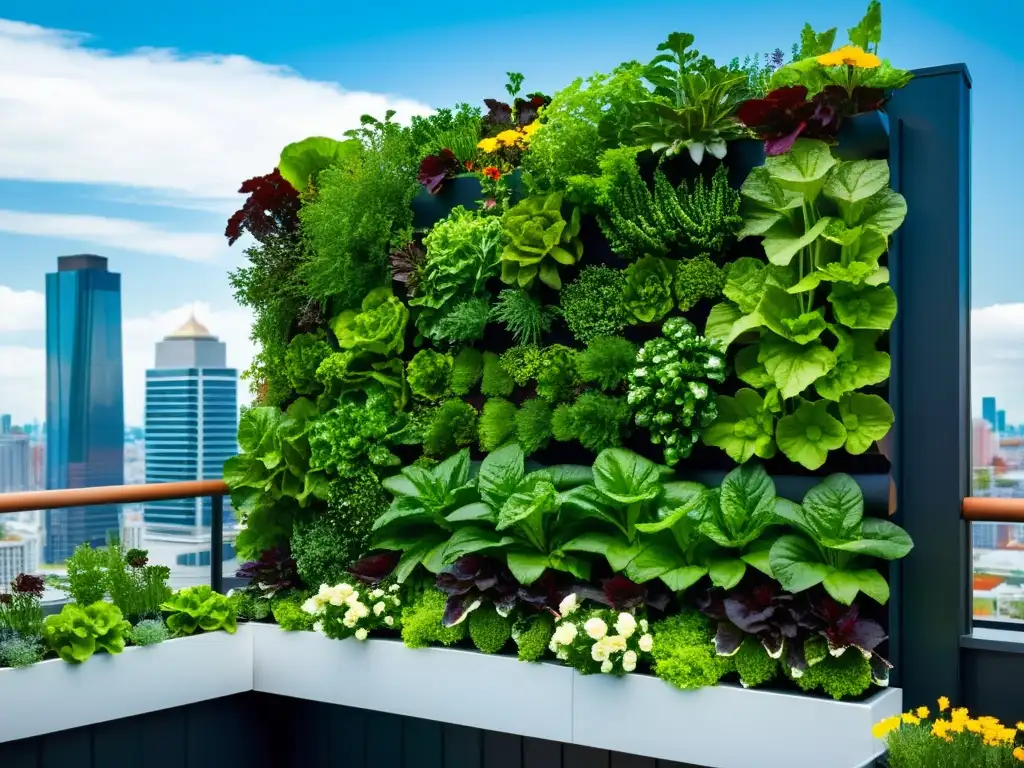 Un jardín urbano moderno y vibrante, con plantas en paredes verticales, representa el fortalecimiento comunitario en la agricultura urbana