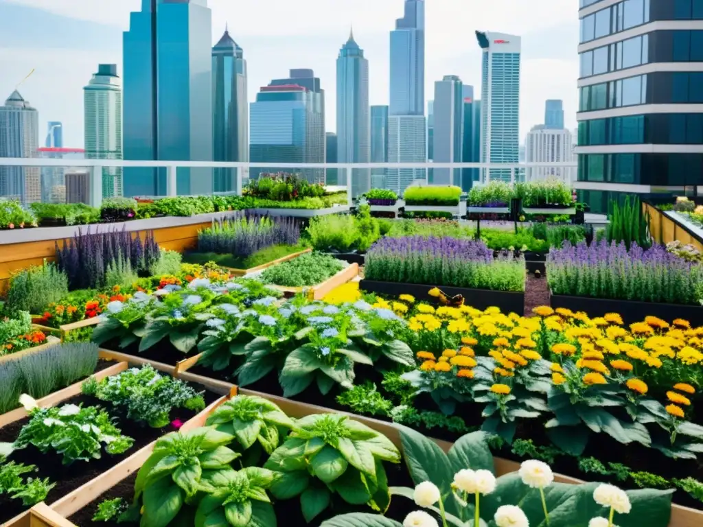 Un jardín urbano moderno y vibrante, con plantas, frutas y verduras en armonía