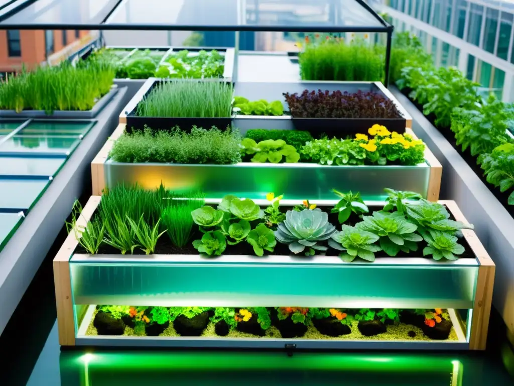 Un jardín urbano moderno y vibrante con un sistema de acuaponía de última generación, integrando naturaleza y tecnología en la agricultura urbana