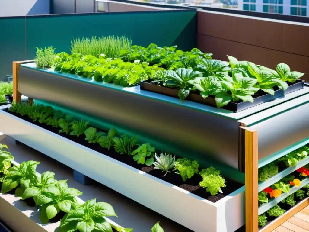 Un jardín urbano moderno y vibrante con un sistema acuapónico innovador que destaca la enseñanza y sostenibilidad de la agricultura urbana