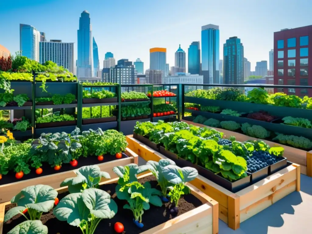 Un jardín urbano moderno y vibrante con superalimentos como kale, espinacas, arándanos y tomates