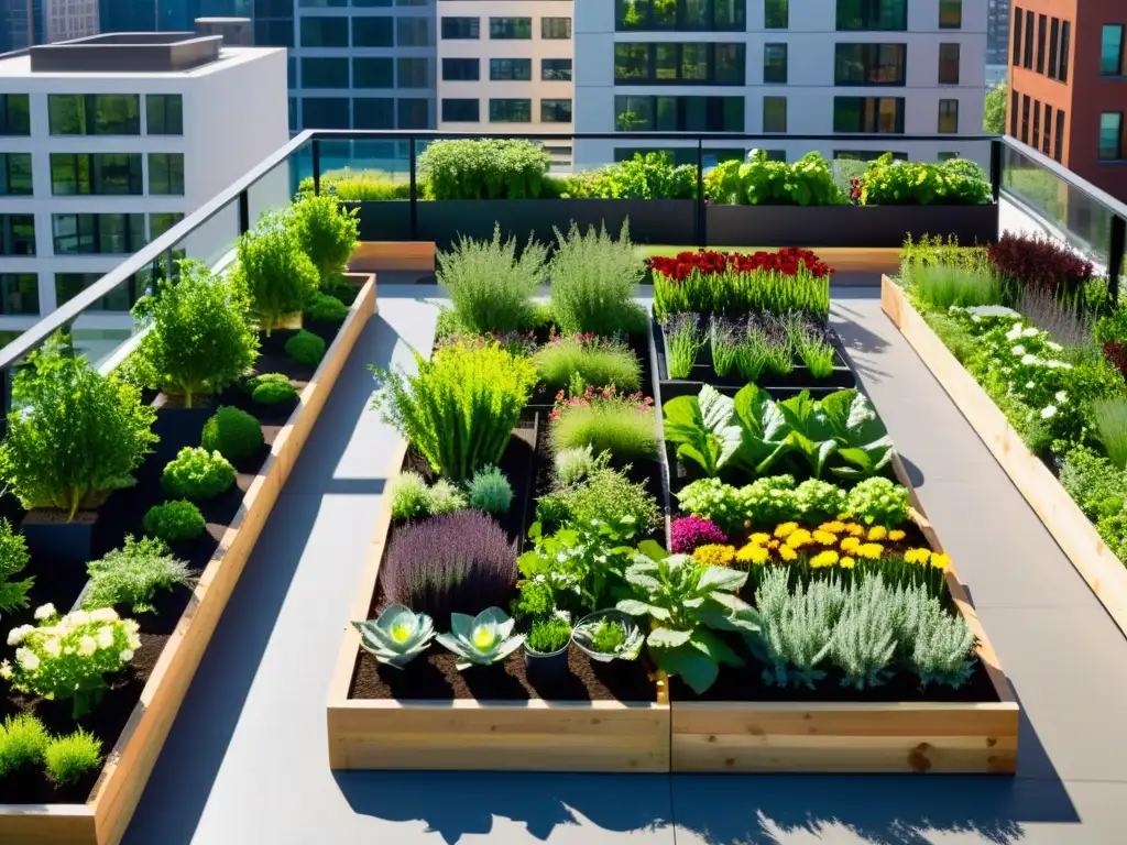 Un jardín urbano moderno y vibrante, con vegetales, hierbas y flores florecientes en camas elevadas y jardineras verticales