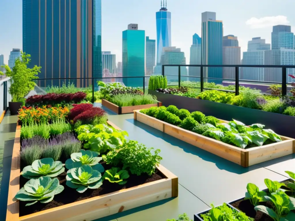 Un jardín urbano moderno y vibrante con vegetales y hierbas coloridas