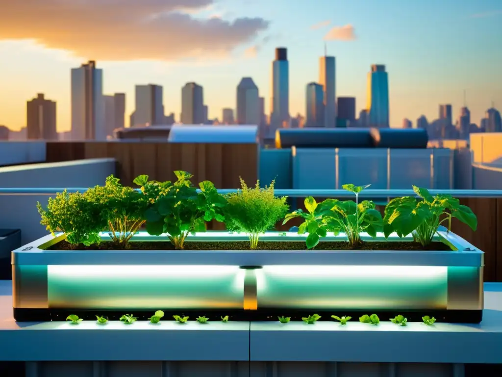 Un jardín urbano de acuaponía con monitoreo climático, en un entorno moderno y vibrante