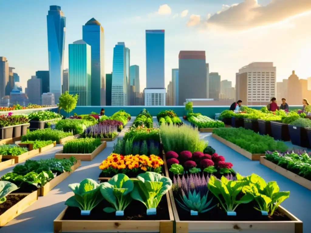 Jardín urbano orgánico exitoso con vegetales y flores vibrantes, integrado en paisaje urbano moderno