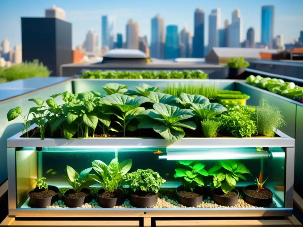 Jardín urbano orgánico con acuaponía y verduras exuberantes, integrando la agricultura sostenible en la ciudad