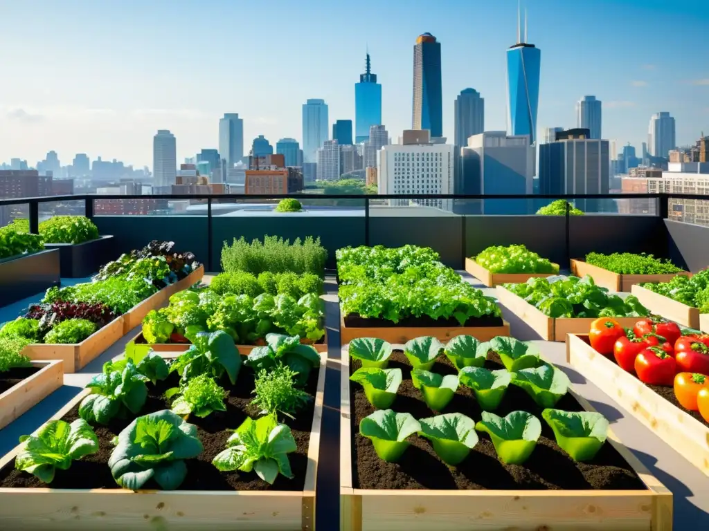 Un jardín urbano orgánico vibrante y moderno con hortalizas frescas, reflejando el plan de negocio agricultura urbana orgánica