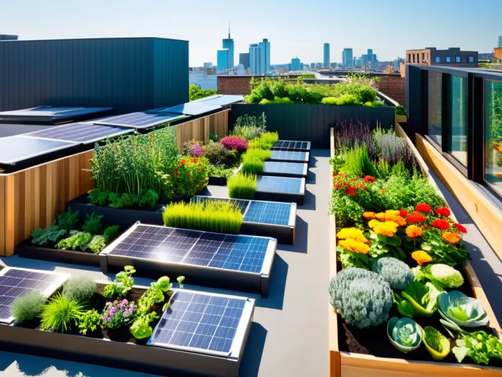 Un jardín urbano con paneles solares integrados, mostrando una combinación armoniosa de energía renovable y permacultura en la ciudad