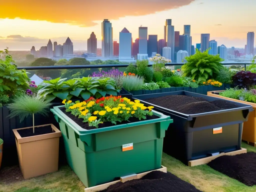 Un jardín urbano pequeño con compostaje bien organizado y coloridas plantas