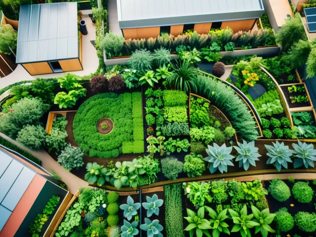 Un jardín urbano de permacultura con riego sustentable, integrando naturaleza y vida urbana