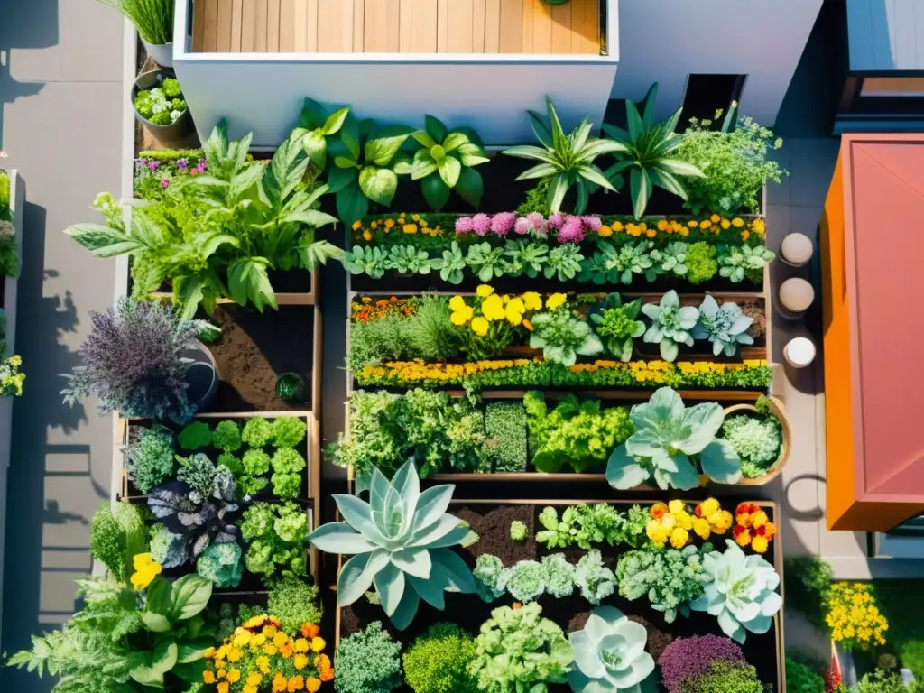 Jardín urbano de permacultura con técnicas de apilamiento, rodeado de rascacielos modernos y una explosión de color y vida natural