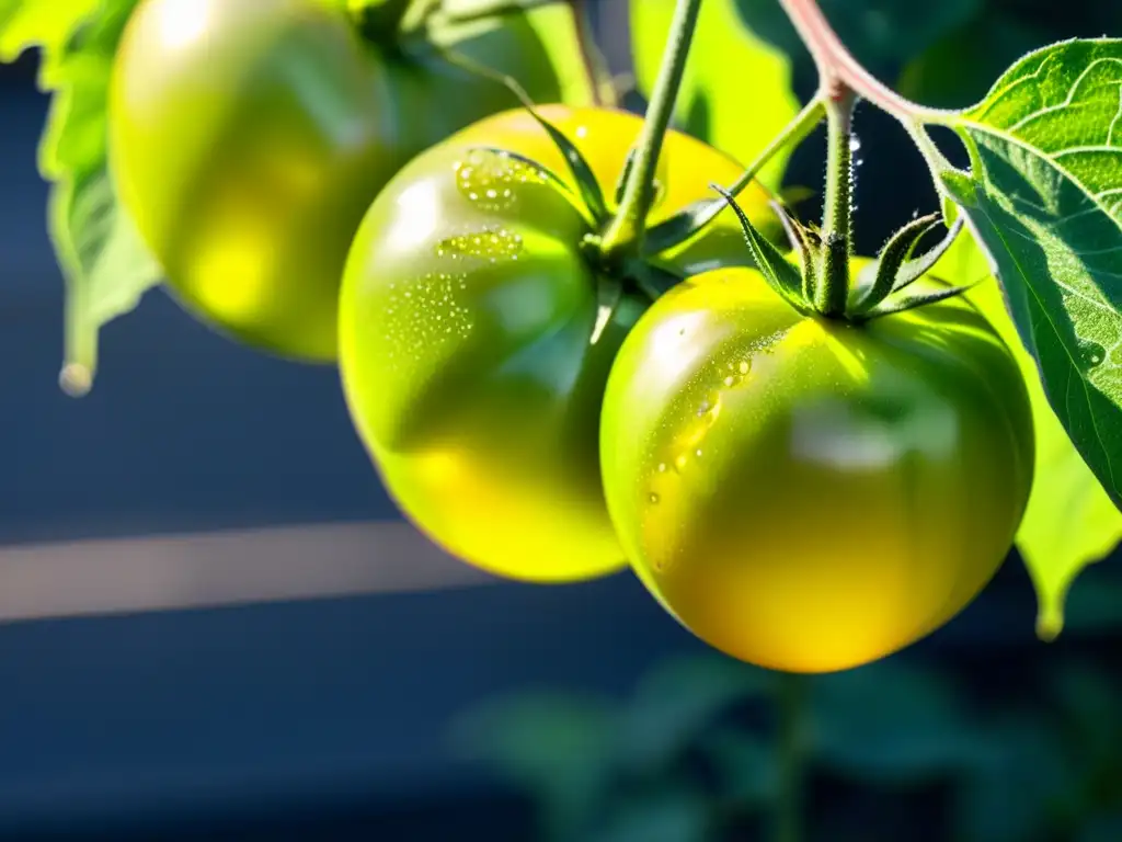 Un jardín urbano con plantas de tomate vibrantes y exuberantes, con gotas de rocío brillando en las hojas