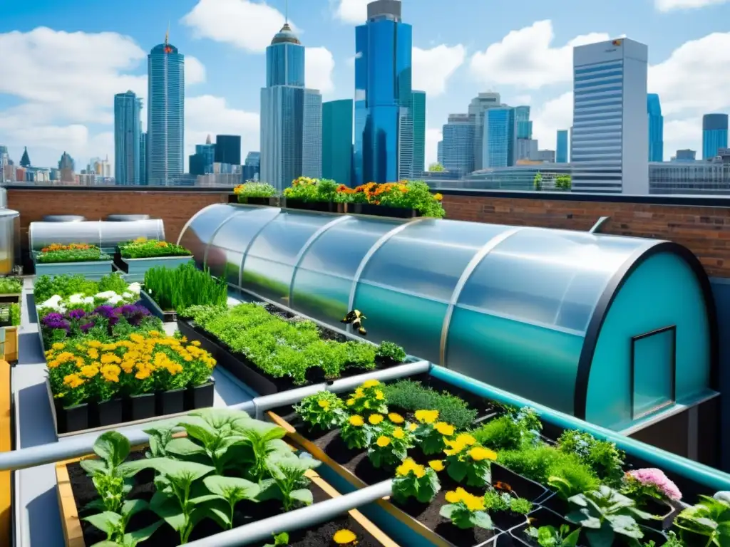 Jardín urbano con acuaponía, plantas verdes y flores vibrantes, en armonía con la ciudad moderna y la naturaleza