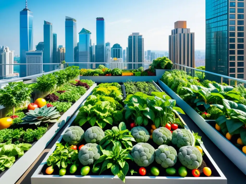 Un jardín urbano próspero con aplicaciones inteligencia artificial cosechas urbanas, en contraste con rascacielos modernos