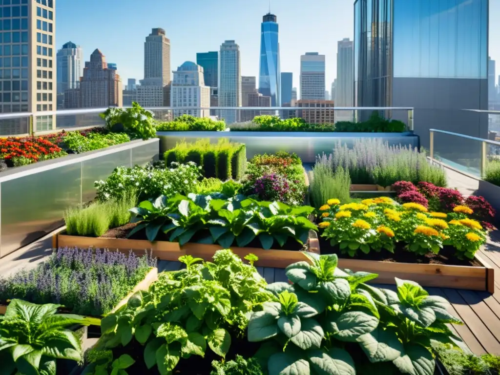 Un jardín urbano próspero en la azotea, rodeado de rascacielos de vidrio y acero