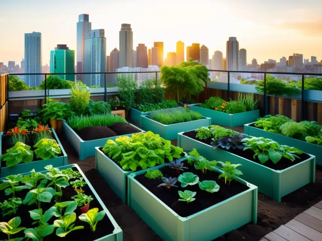 Jardín urbano próspero con compost moderno Un jardín urbano próspero y colorido con beneficios del compost para huertos urbanos