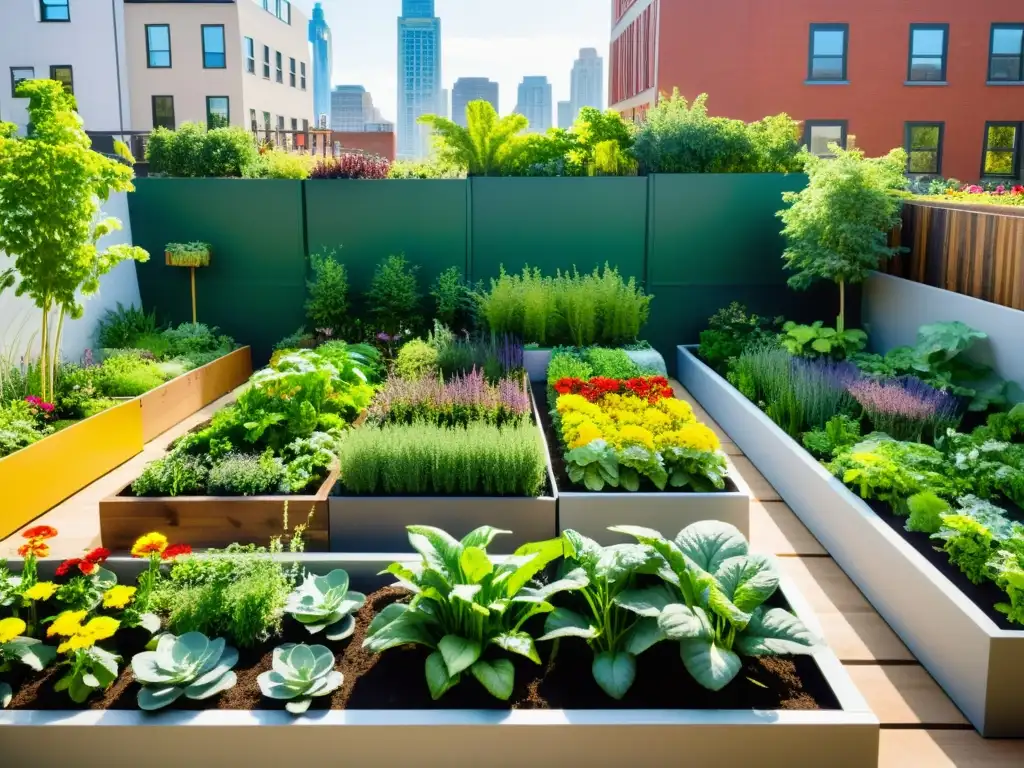 Un jardín urbano próspero y colorido, con huertos ecoamigables, en contraste con el paisaje urbano