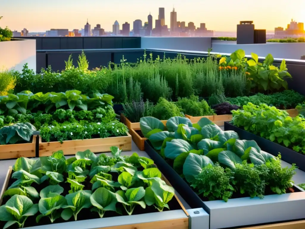 Un jardín urbano próspero y exuberante en el atardecer dorado, mostrando el éxito de la agricultura urbana orgánica