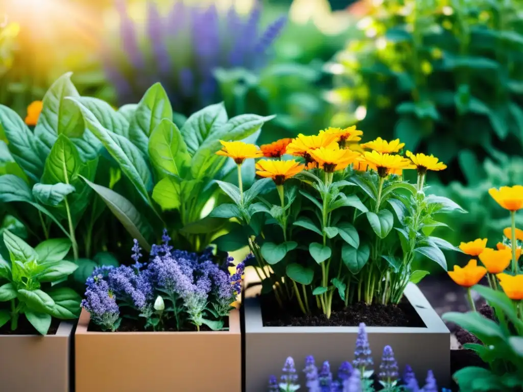 Un jardín urbano próspero y exuberante con hierbas aromáticas y medicinales