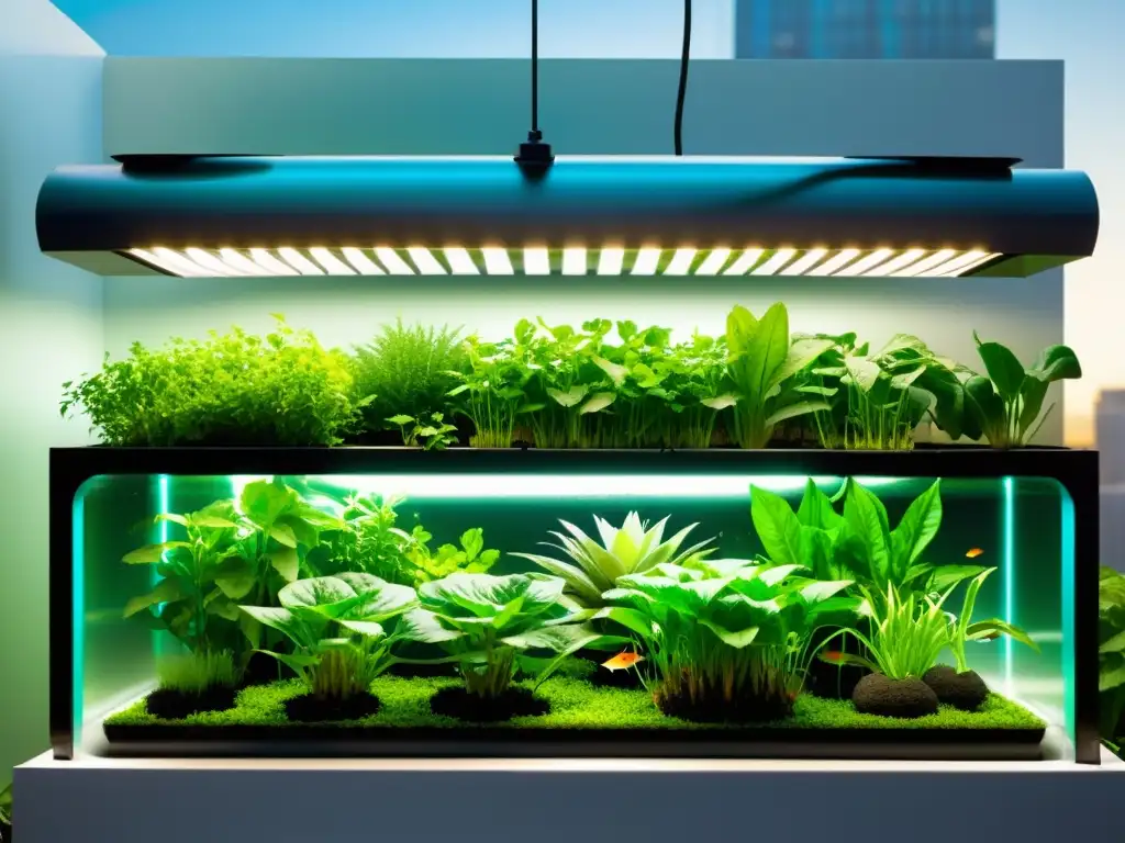 Un jardín acuapónico urbano próspero y moderno, con verduras exuberantes y peces coloridos, reflejando innovación y sostenibilidad