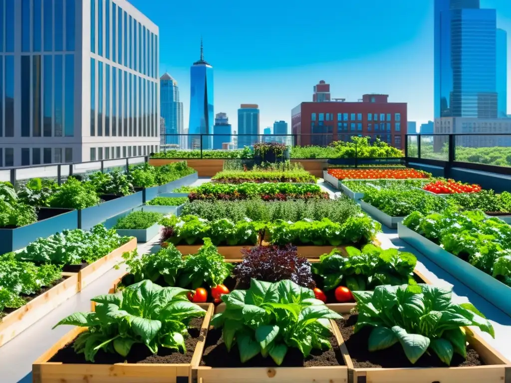 Un jardín urbano próspero y vibrante en medio de la ciudad, con huertos de mesa llenos de vegetales frescos