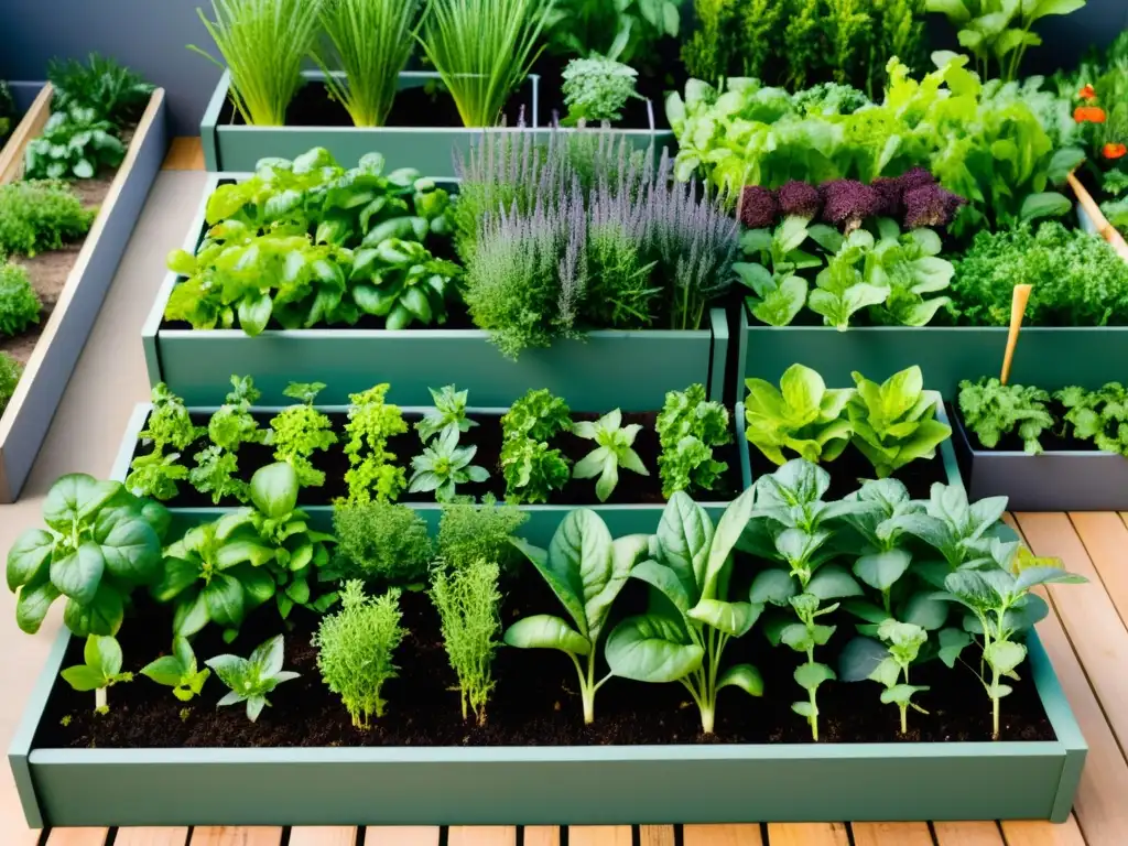 Un jardín urbano próspero y vibrante aprovechando subvenciones para huerto urbano, con plantas saludables y herramientas modernas