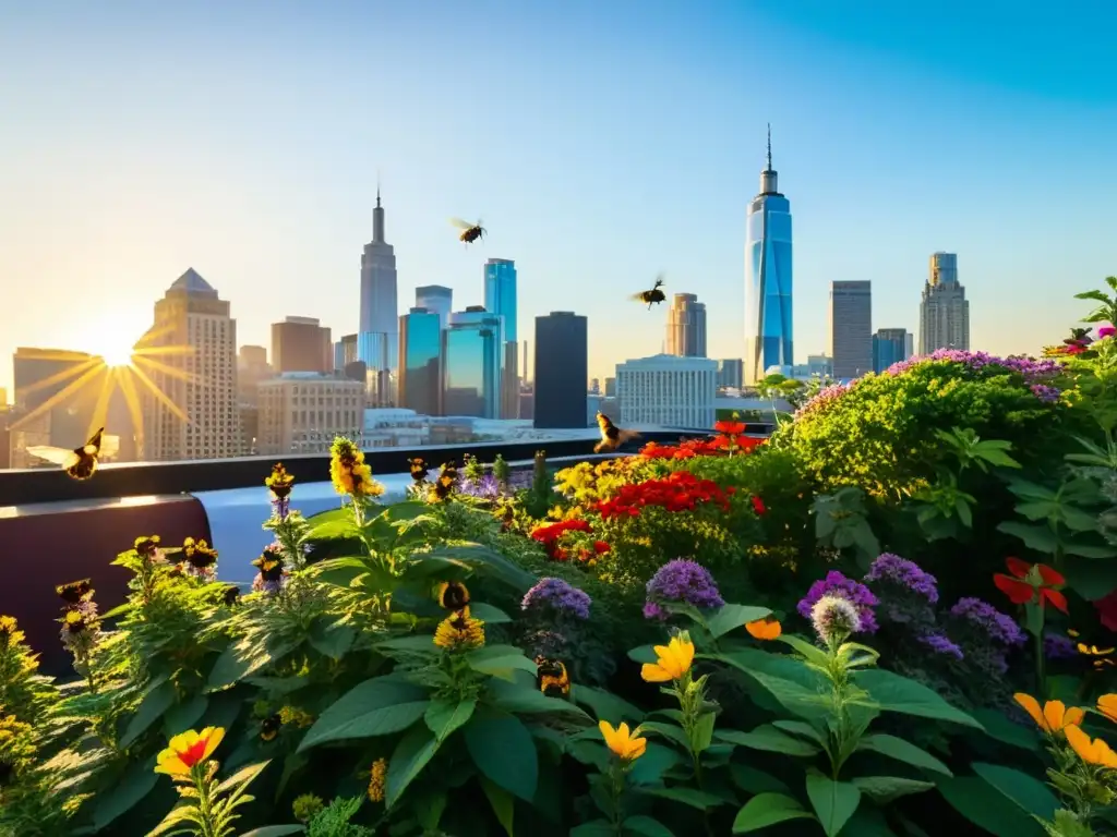 Un jardín urbano rebosante de flores vibrantes y polinizadores como abejas, mariposas y colibríes