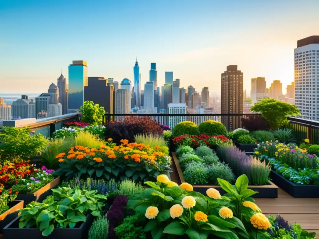 Un jardín urbano rebosante de vida y color, con plantas exuberantes y flores vibrantes, contrastando con el paisaje citadino