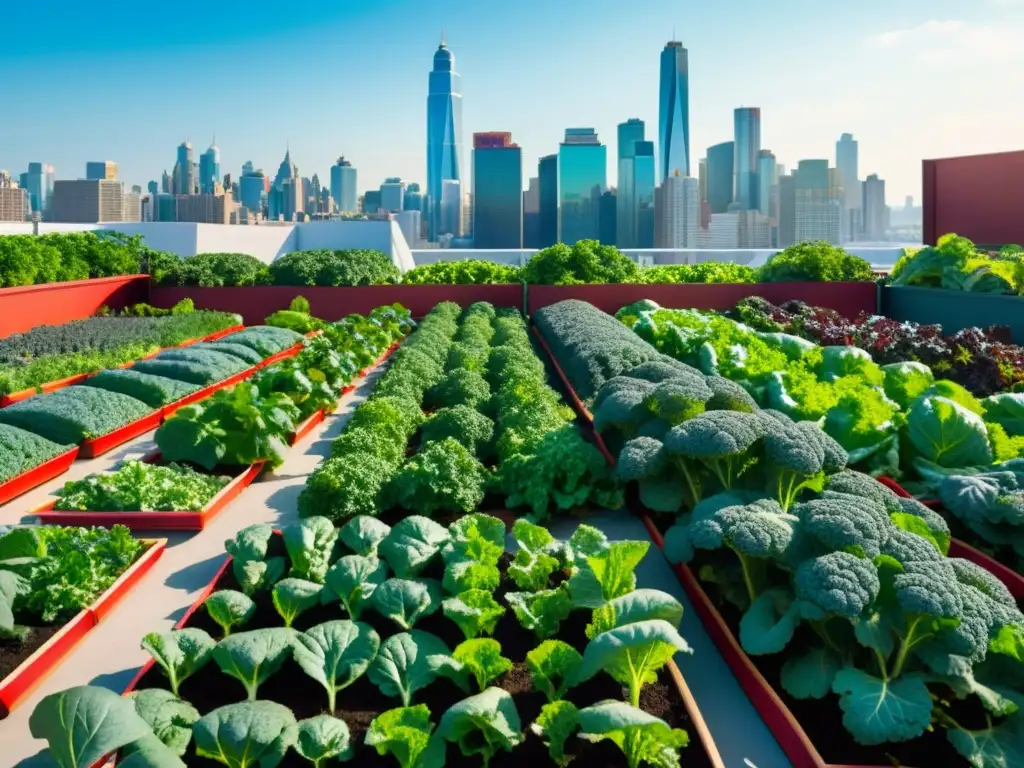 Un jardín urbano rebosante de vida, con kale y tomates rojos, frente a una moderna ciudad