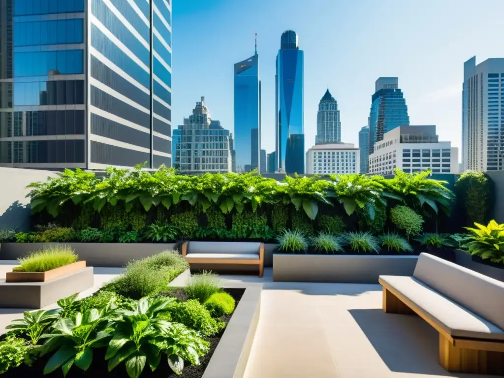 Un jardín urbano sereno y moderno con huertos verticales, un oasis de tranquilidad en la jungla de concreto, con beneficios para la salud mental