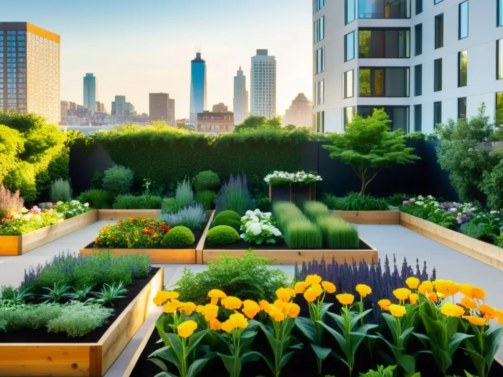 Un jardín urbano sereno, con plantas exuberantes y flores vibrantes, bañado en suave luz dorada, evocando calma y reducción del estrés