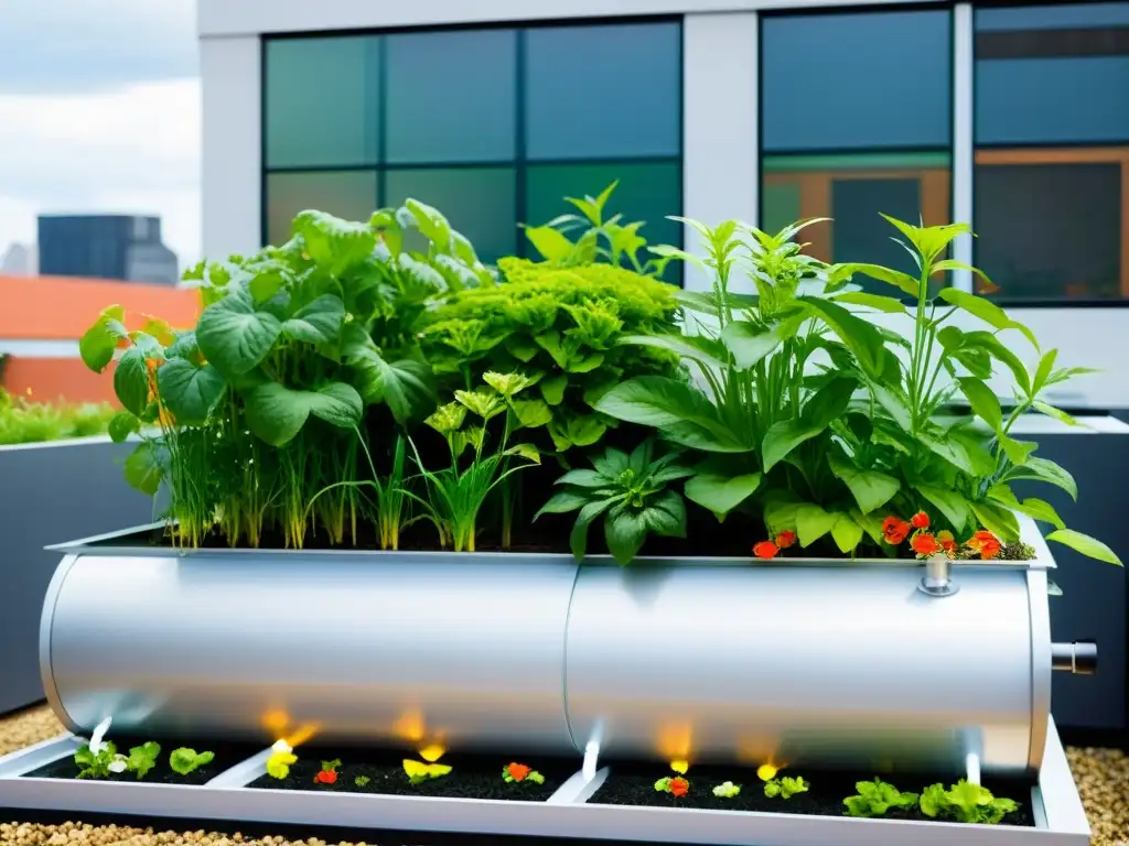 Un jardín urbano con sistema de aquaponía integrado, permacultura en espacios reducidos con elegancia moderna