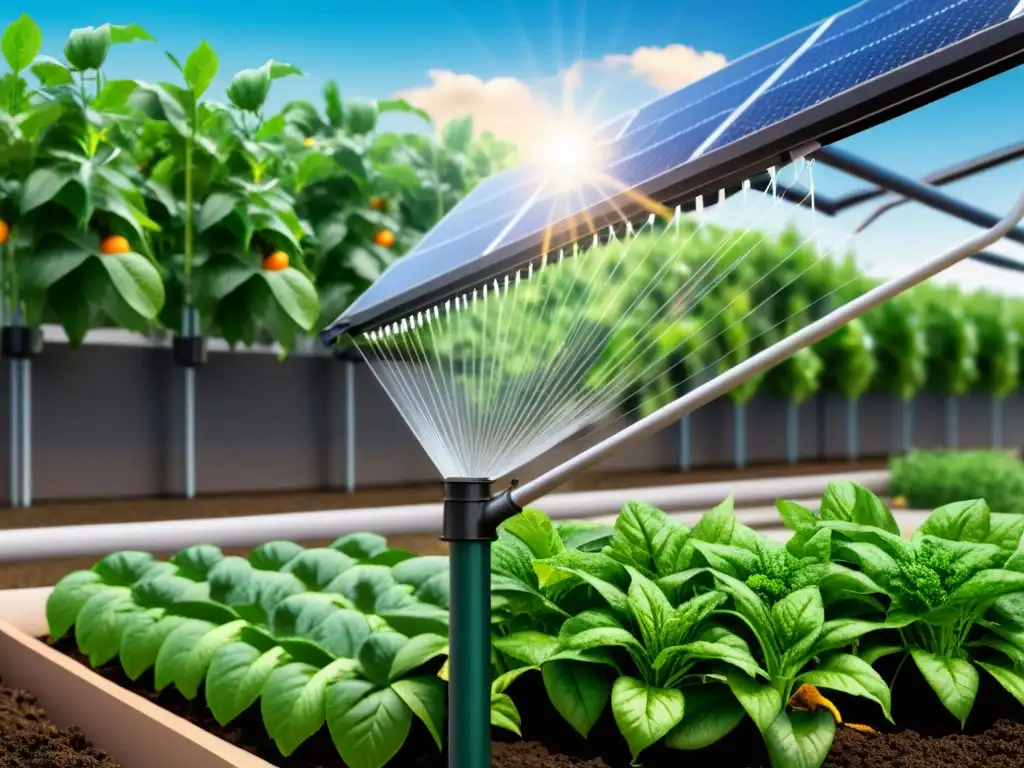 Jardín urbano con sistema de riego por goteo y paneles solares, mitigando el impacto del cambio climático en la agricultura urbana