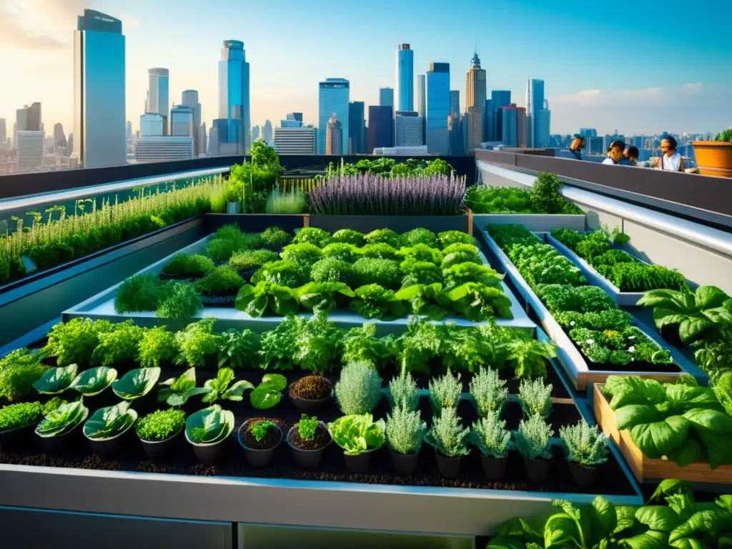 Jardín urbano con sistemas acuapónicos, vegetales vibrantes y skyline de ciudad