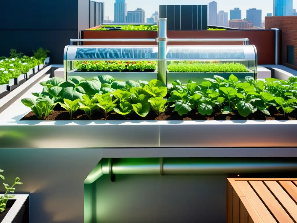 Un jardín urbano con sistemas de acuaponía en agricultura urbana, integrados en un diseño innovador y vibrante