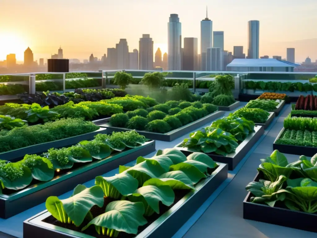 Jardín urbano con soluciones automatizadas control climático cultivos urbanos, vegetales y frutas vibrantes bañados por cálido sol de ciudad