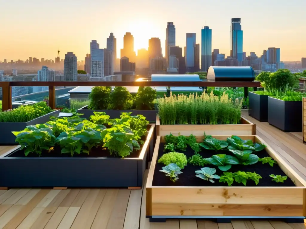 Un jardín urbano sostenible en la azotea, bañado por la luz dorada, con vegetales vibrantes y un sistema acuapónico integrado