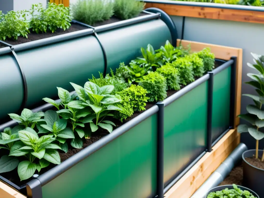 Un jardín urbano sostenible con beneficios de cosecha de agua de lluvia en huertos urbanos, con plantas exuberantes y sistema de recolección de agua