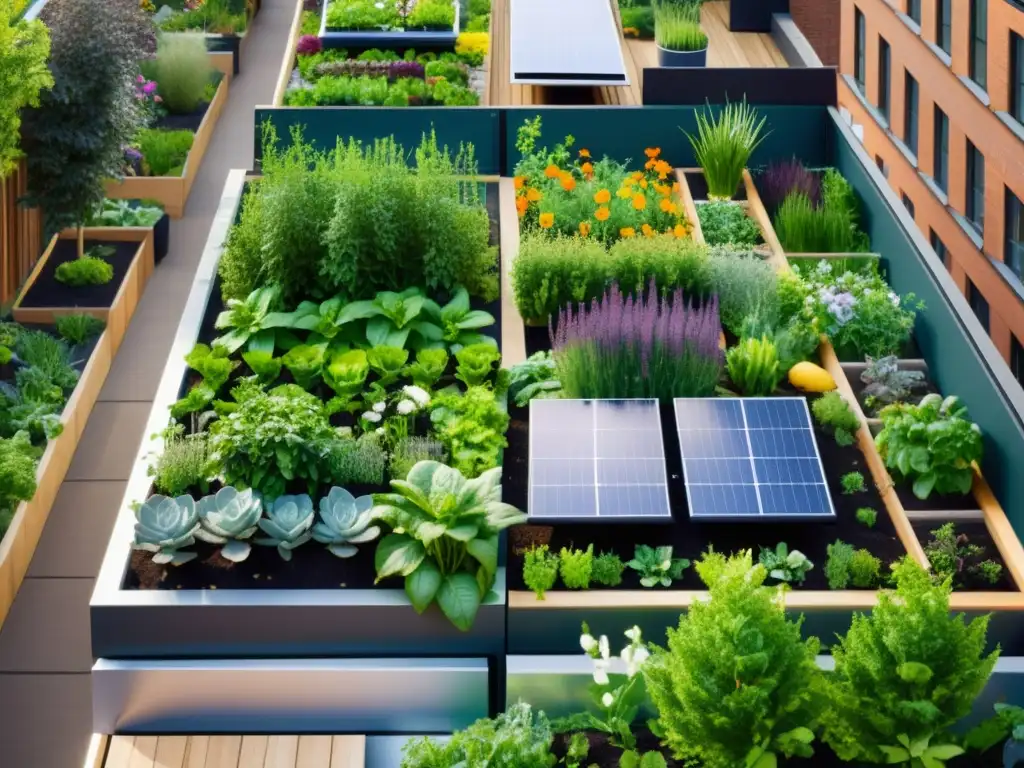 Un jardín urbano sostenible con energía solar integrada, resaltando la armonía entre la naturaleza y la tecnología renovable