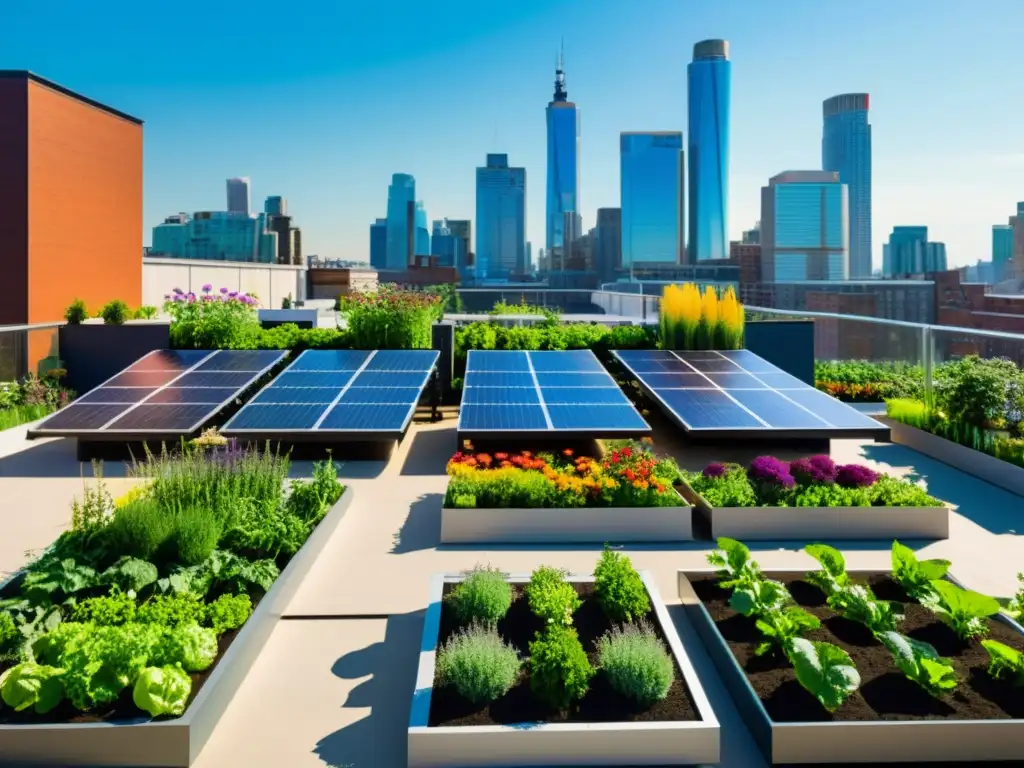 Un jardín urbano sostenible con energía solar, integrando tecnología y naturaleza en armonía