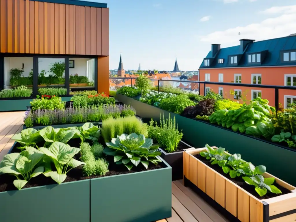 Jardín urbano sostenible en Escandinavia con hortalizas y hierbas en macetas ordenadas, contrastando con la arquitectura moderna y vida silvestre