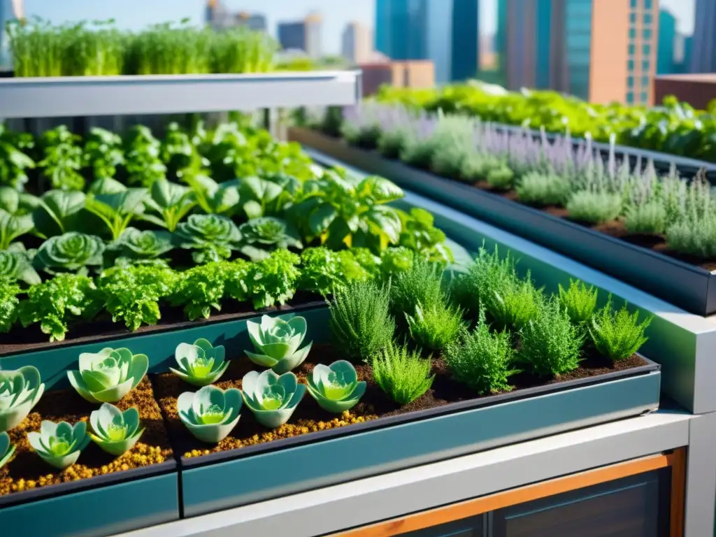 Un jardín urbano sostenible con acuaponía en huertos urbanos, integrando naturaleza y arquitectura moderna en la ciudad