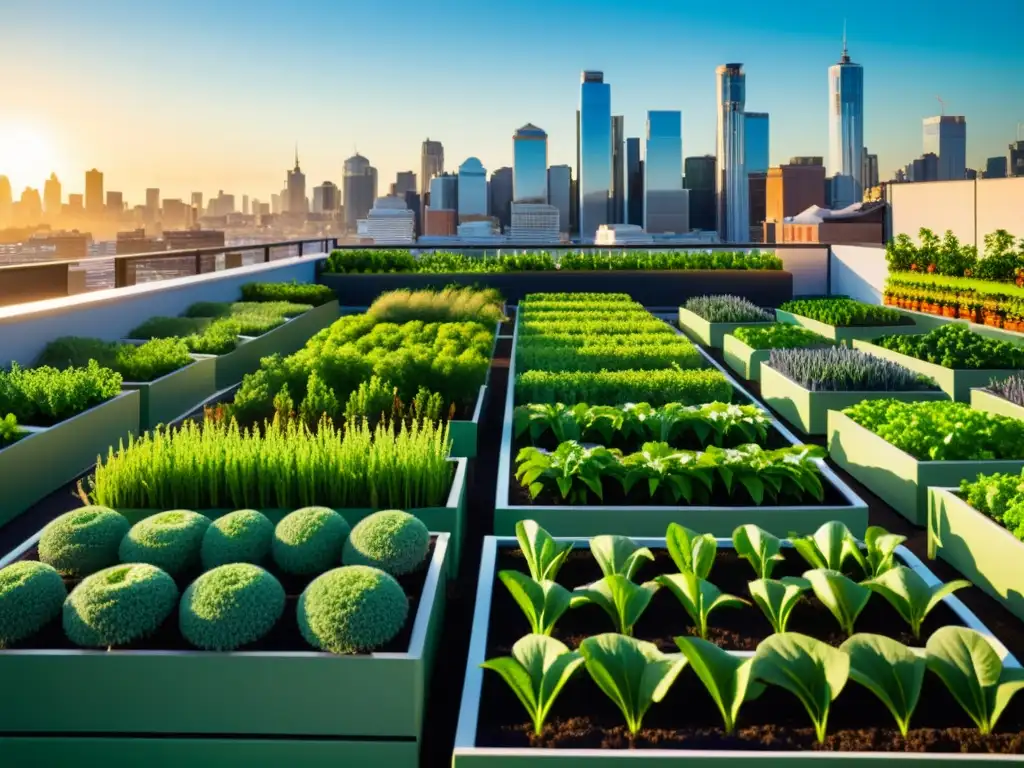 Un jardín urbano sostenible con huertos verticales en ciudad, lleno de cultivos verdes vibrantes y un fondo de skyline urbano