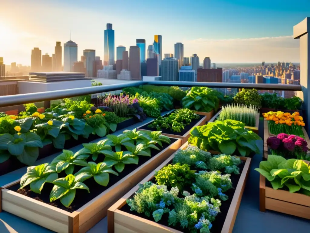 Un jardín urbano sostenible con huertos verticales destaca entre los rascacielos, resaltando la innovación de la agricultura urbana sostenible