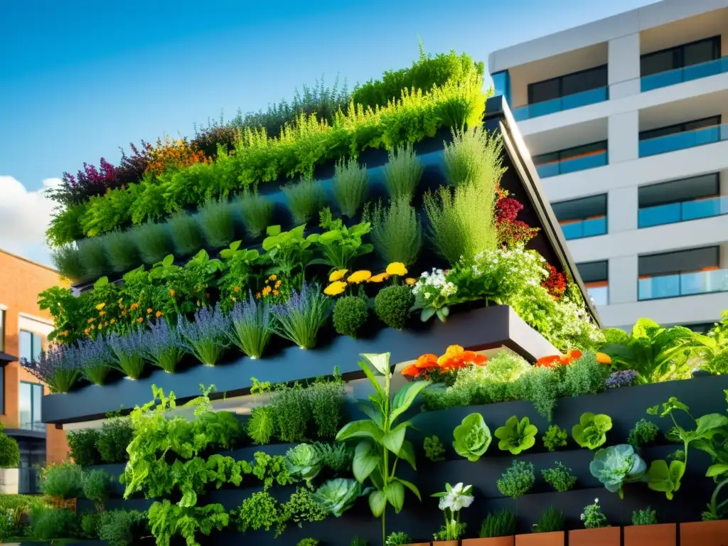 Un jardín urbano sostenible con innovadores sistemas de plantación vertical, bañado por cálida luz solar