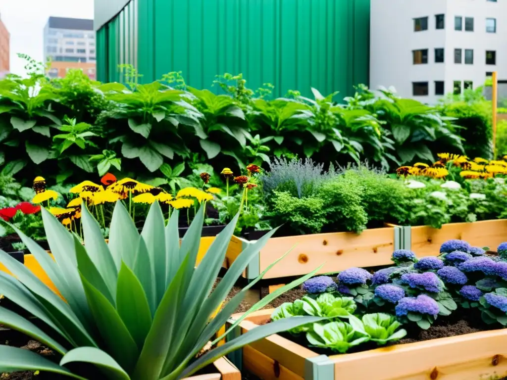 Un jardín urbano sostenible lleno de plantas exuberantes y flores coloridas en el corazón de la ciudad