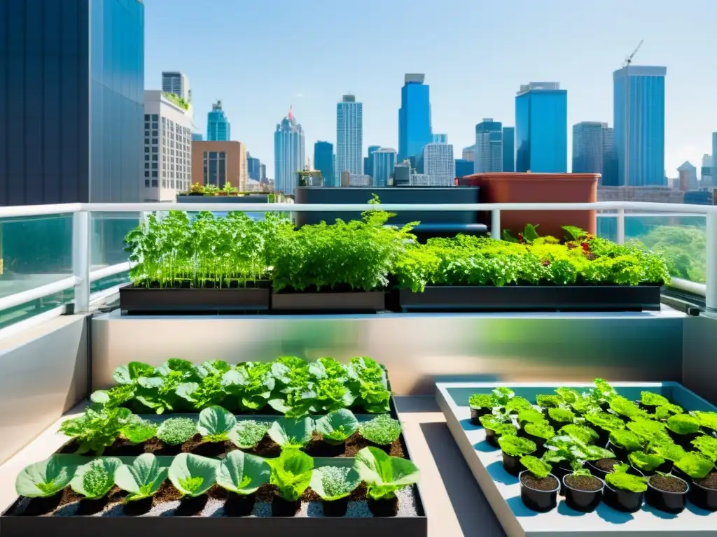 Un jardín urbano sostenible con acuaponía, integrando plantas coloridas y un sofisticado sistema acuático en la azotea