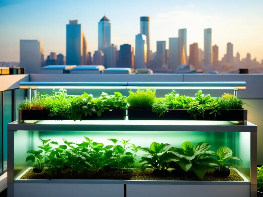 Jardín urbano sostenible con acuaponía, plantas verdes en torres verticales y peces en tanques transparentes, iluminado por la luz natural con la ciudad de fondo