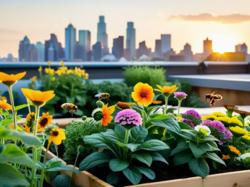 Un jardín urbano sostenible rebosante de flores vibrantes, abejas y mariposas